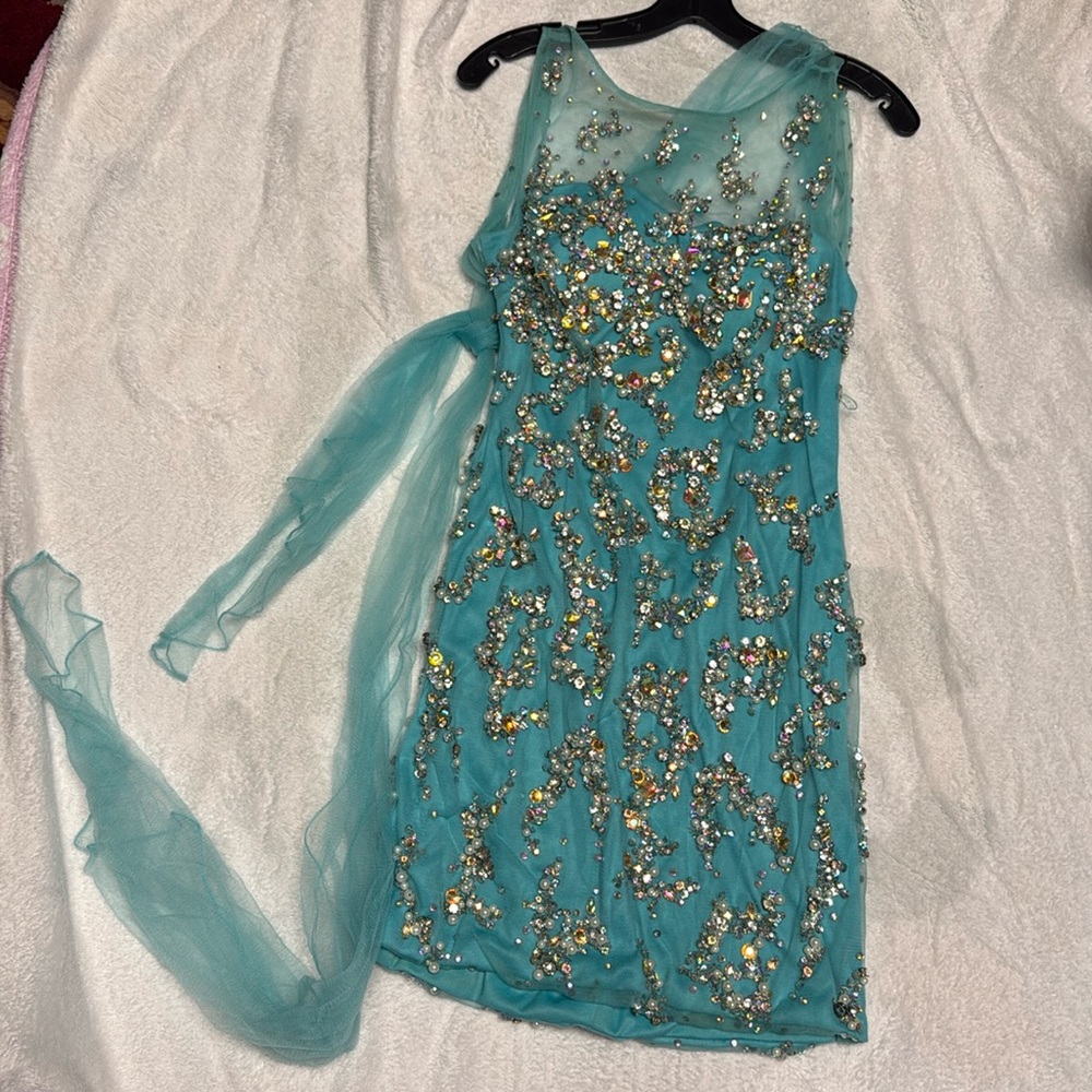 Jovani Aqua Beaded Midi Dress